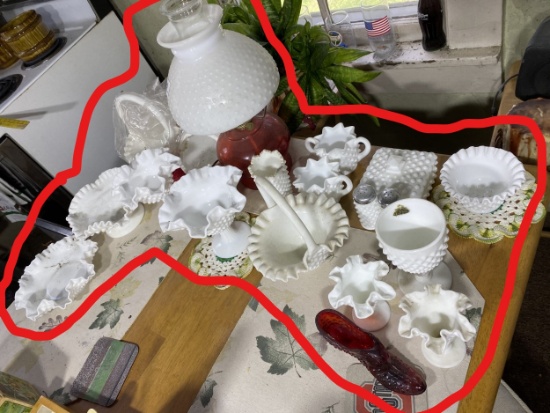 Large lot assorted vintage white hobnail milk glass