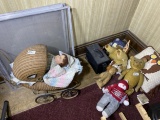 Wicker baby buggy, antique doll, teddy bears etc