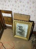 Group of antique framed pictures plus folding chair