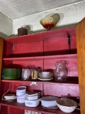 Cupboard lot including stack of green depression glass plates