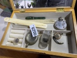 Box w/coins, pocket watch case, pen, bone stays etc