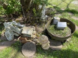 Large Iron Kettle, cement statues etc lot