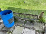 Acetylene tank planter, blue barrel half, bird bath base