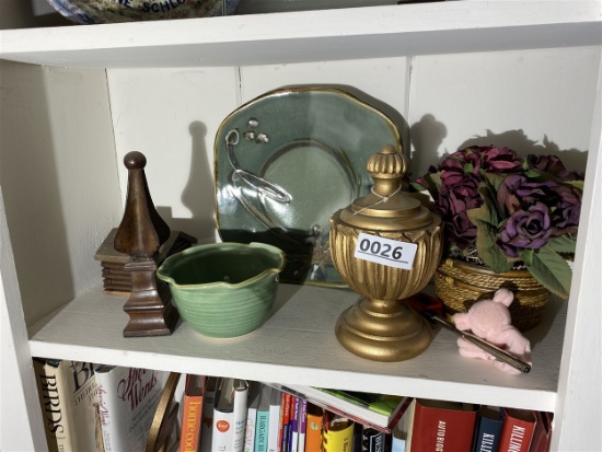 Shelf lot of art pottery, decor