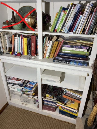 Shelf lots of books, Christmas items