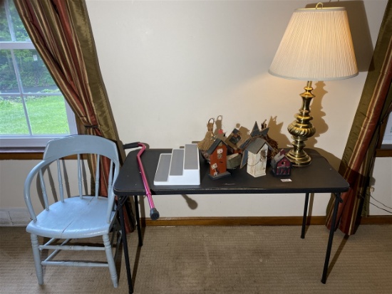 Early chair, table, lamp, birdhouses etc lot