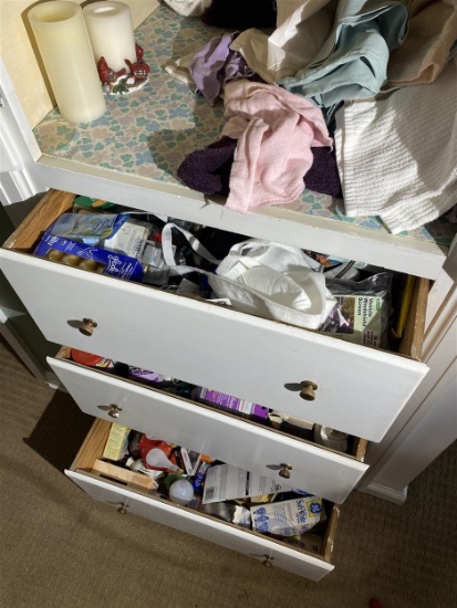 Closet and drawer contents lot - Bathroom, home odds & ends