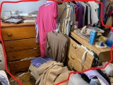 2 dressers, items on top, inside, cloths and rack
