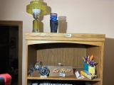 Top shelf items and lamp, pen holders