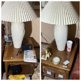 2 end tables plus lamps, contents, items on top