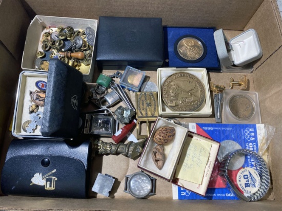 Lot assorted smalls - medals, jewelry, watch case