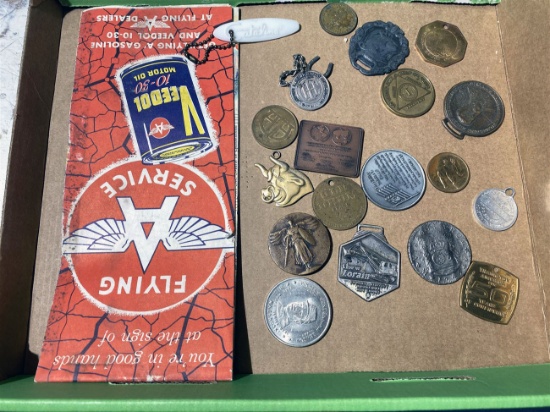 Flat of assorted smalls - watch fobs, tokens, advertising