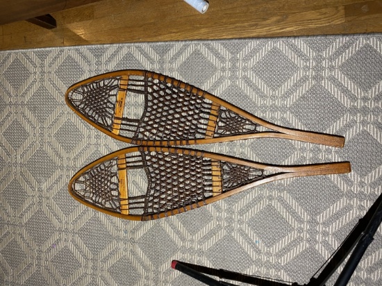 Pair of antique Tubbs Vermont bentwood snow shoes