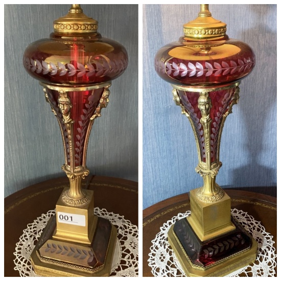 Pair of VIntage Bohemian Ruby Cut Glass Lamps