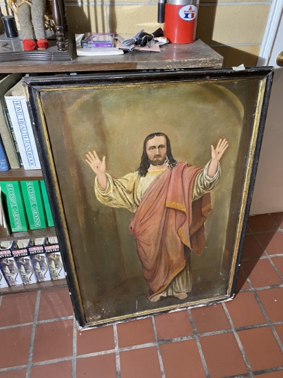 Antique Oil on Canvas Board Painting of Jesus