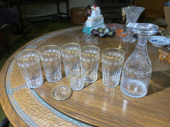 Antique crystal decanter, glasses set
