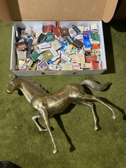 Large brass horse plus vintage matchbooks