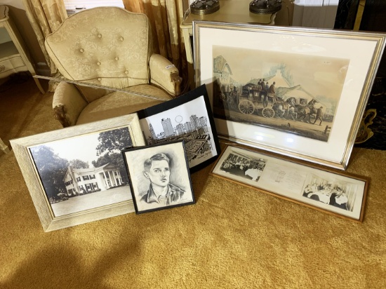 Group lot assorted framed pieces, art
