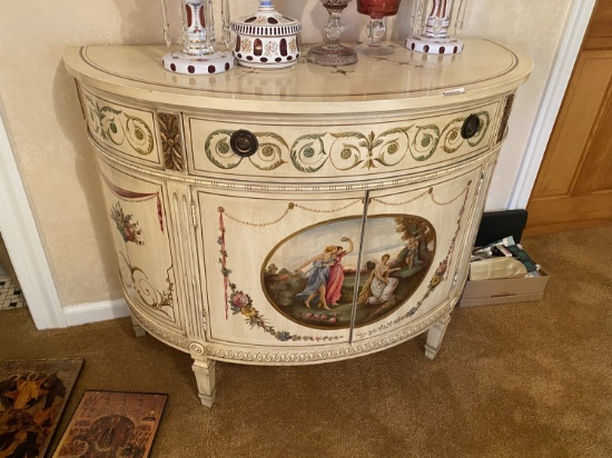 French Provincial style round cabinet with allegorical scene