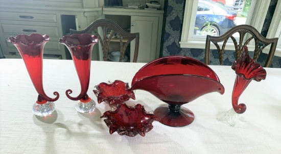 Group lot of ruby red, controlled bubble glass pieces