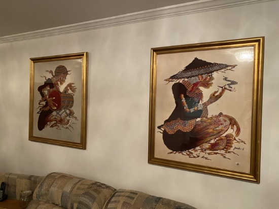 Pair Asian Mixed Media Framed Art pieces Depicting Smoker, drummer
