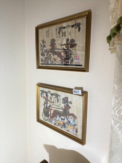 Pair of vintage Egyptian Papyrus art pieces in frames
