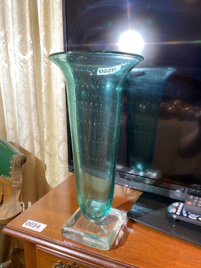Large unusual controlled bubble blue-green vase