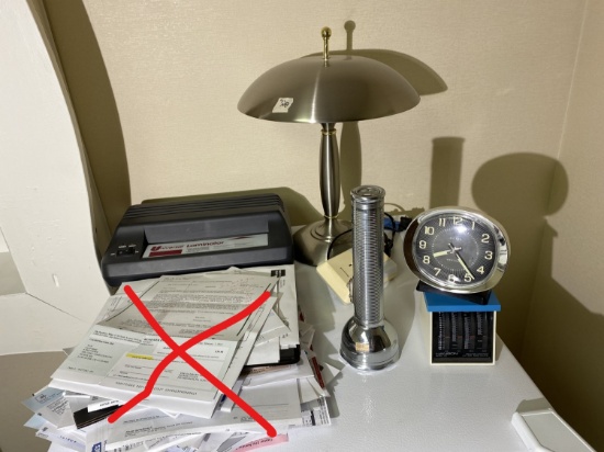 Laminator, lamp, vintage clock, flashlight lot