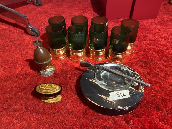 Shotgun ashtray, imperial shotgun shell vintage glasses, lighters lot
