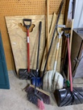 Group lot of shovels, brooms