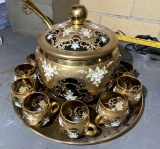 Large Bohemian Glass, gilt and hand painted antique punch bowl, cups