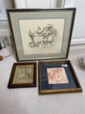Group of vintage art including Da Vinci, early framed tapestry, signed print