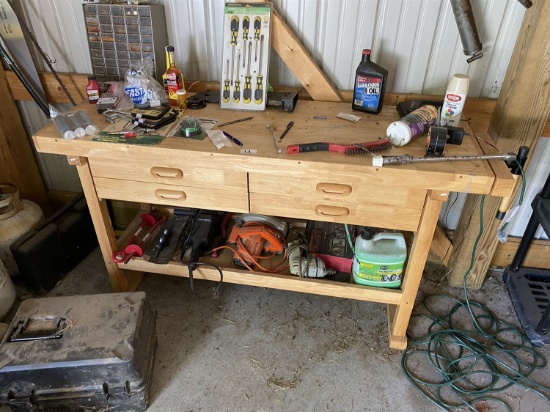 Wooden workbench with vice