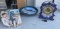 Antique blue ceramic clock, 2 porcelain babies etc