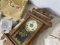 Antique clock plus assorted textiles, gong