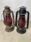 Pair of antique Dietz Barn Lanterns with red globes