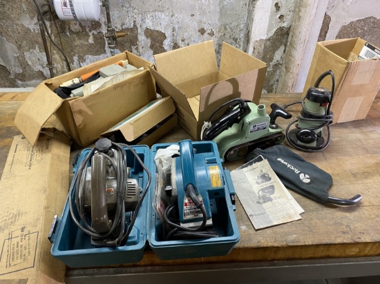 Group lot of assorted electric tools including Rockwell, Makita Power Planer etc