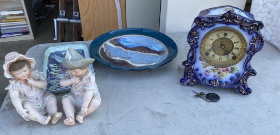 Antique blue ceramic clock, 2 porcelain babies etc