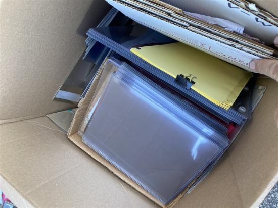 Box of assorted plastic ephemera sleeves, holders