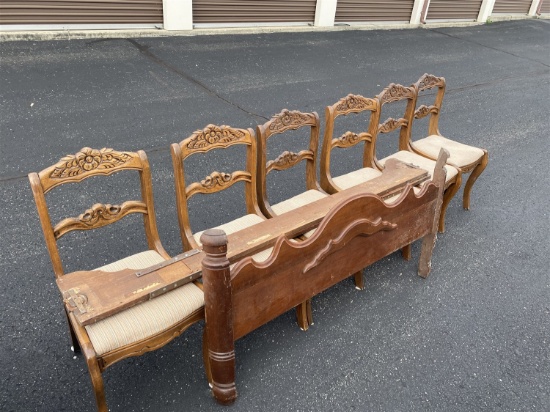 Group of six older chairs plus headboard, rails