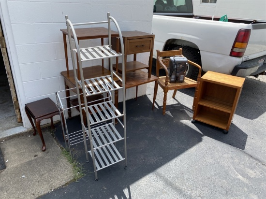 Group lot of small pieces of furniture, Mid Century, Racks, Heater