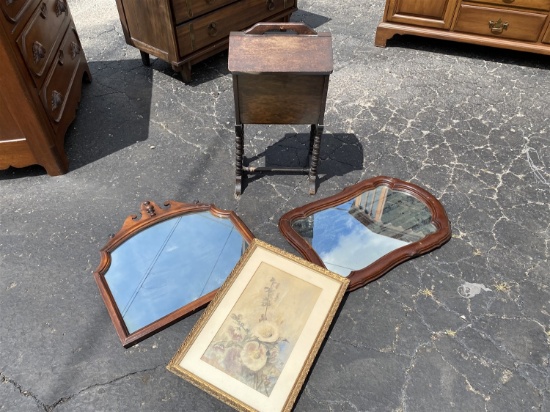 Sewing caddy, 2 mirrors including early, 19th c flower painting