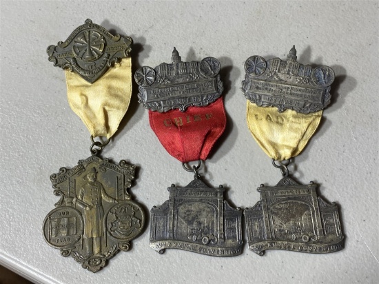 3 Antique Natl Association Fire Engineers Firemen Medals