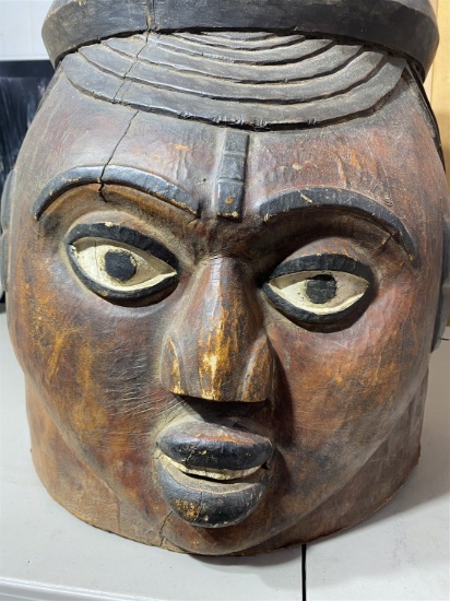 Old African Carved Wood and Leather Helmet Mask Folk Art
