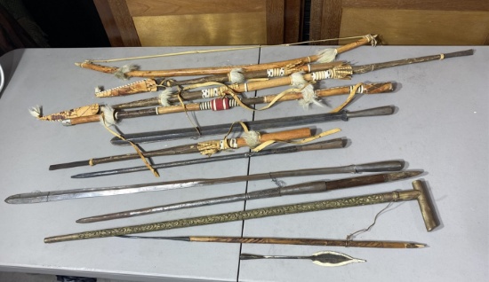 Group lot of African Spears,  arrow tips, bow, cane etc