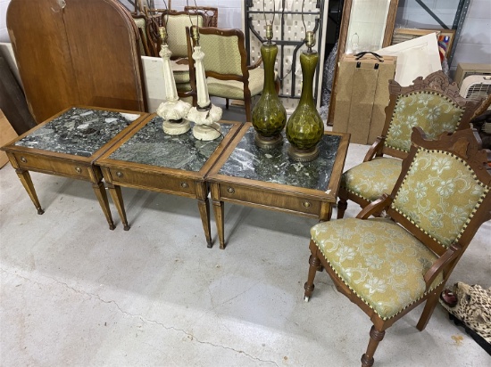 3 Italian Marble Topped Tables, 2 lamps, 2 chairs