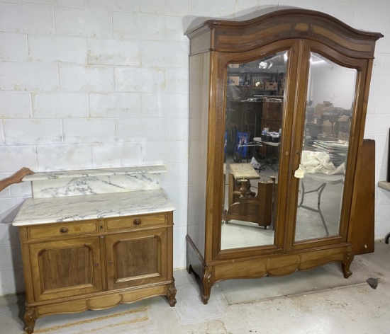 Large European vintage Armoire PLUS Marble Topped Cabinet