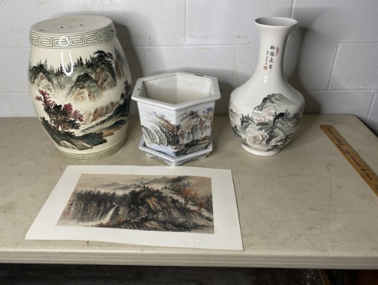 Group lot of Asian Painted Pottery Plus Chinese Painted Mountain scene