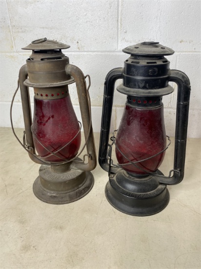 Pair of antique Dietz Barn Lanterns with red globes