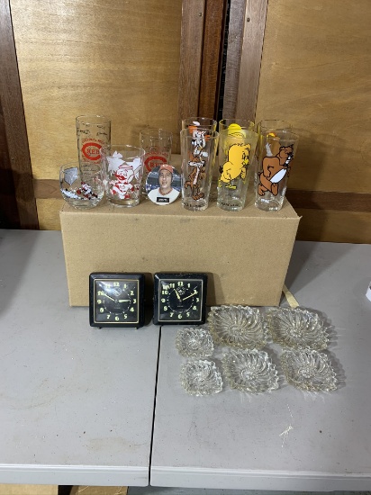 Glassware, clocks, and Button